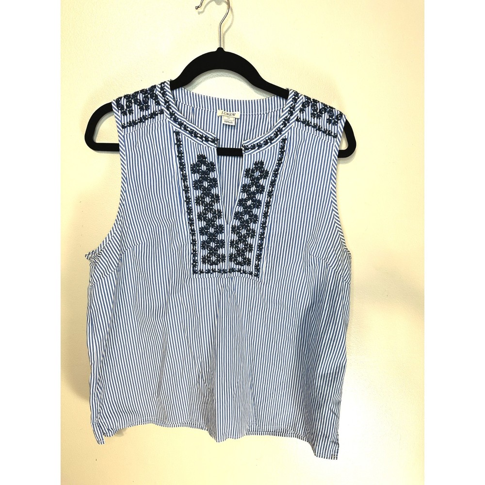 J Crew Blue and White Seersucker Blouse Size 14 Sleeveless Embroidered